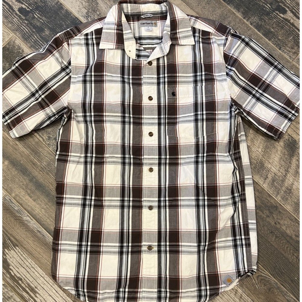 Carhartt Mens Brown Plaid Relaxed Fit Button Short Sleeve Shirt Cotton Medium